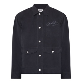 Black denim jacket with script embroidery on chest, two front flap pockets, and silver snap buttons