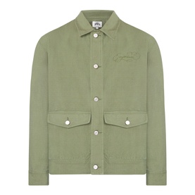 Emporium 89 Ripstop Logo Jacket in green, point collar, front button fastening, two flap pockets, tonal logo embroidery
