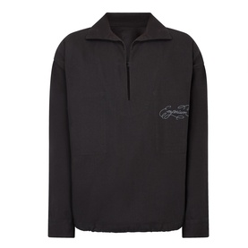 Emporium Logo Pullover Polo Shirt in black cotton ripstop with polo collar, zip neckline, and tonal logo embroidery on chest
