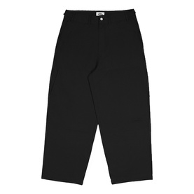 Emporium black casual trousers in 100% cotton, wide-leg fit with button fastening, laid flat on white background