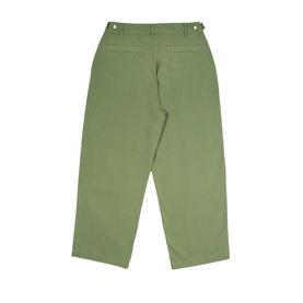 Emporium green casual trousers, rear view, wide leg, cropped cut, silver side adjusters, 100% cotton