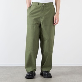 Model wearing Emporium Ripstop Fatigue Wide Leg Denim Trousers in green, wide-leg silhouette, styled with black leather shoes.