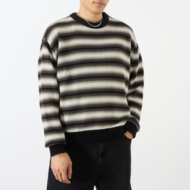 Model wearing Emporium Stripe Fisherman Knit Sweater in black, heavyweight crew neck with multistripe pattern, styled with black jeans.