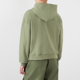 Model wearing Emporium Thermal Logo Hoodie in khaki, rear view, paired with matching khaki joggers