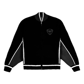Emporium black varsity-style zip-up knit jacket with white trim, contrast panels, and embroidered chest logo