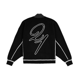 Emporium black knit bomber jacket, back view, contrast white logo graphic and stripe trim details
