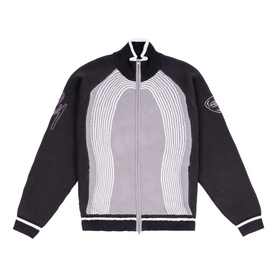 Emporium grey knit bomber jacket with black panelling, ribbed stripe detail, zip fastening and embroidered badge