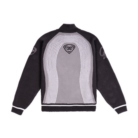 Emporium grey knitted bomber jacket, back view, tonal stripe panel, embroidered logo, ribbed hem and cuffs, black contrast sleeves