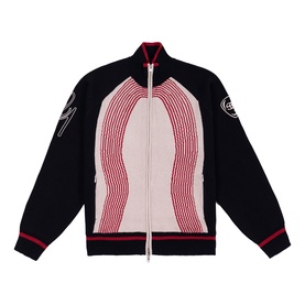 Emporium navy knit zip-up jacket with red and cream wave stripe intarsia pattern, ribbed collar and hem, logo badge detail