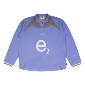 Emporium baby blue long-sleeve knitwear with grey contrast yoke panels and large e2 graphic print on chest