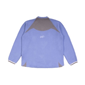 Emporium baby blue knitwear back view with grey panelling at shoulders and white stripe cuff detail, small logo at centre back