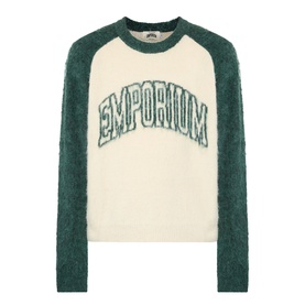 Emporium Logo Mohair Sweater in green, cream body with green raglan sleeves, brushed finish, arch logo lettering across chest, ribbed trims