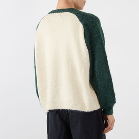 Model wearing Emporium Logo Mohair Sweater in green and cream colourblock with raglan sleeves and brushed mohair finish, back view.