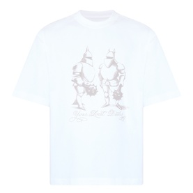 Emporium Armour Logo T-Shirt in white with tonal front screen-print graphic of two armoured figures, oversized fit, crew neck.