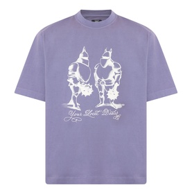 Emporium Armour Logo T-Shirt in burgundy, oversized fit with white front screen-print of two armoured knights and script text.