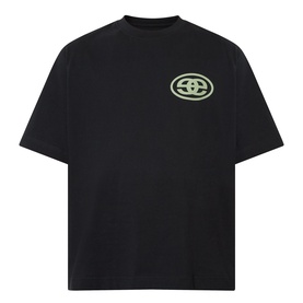 Emporium black cotton T-shirt with green oval logo graphic on chest, crew neck, short sleeves