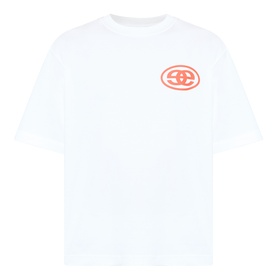 Emporium EE Logo T-Shirt in white cotton with coral oval EE chest logo, crew neck, dropped shoulders, and short sleeves