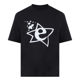 Emporium Lucky Stars Logo T-Shirt in black, boxy fit with large white star and 'e' logo screenprint graphic to chest.