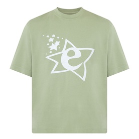 Emporium Lucky Stars Logo T-Shirt in khaki green, boxy fit with large white star and 'e' screenprint graphic on chest.