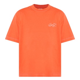 Emporium Script Logo T-Shirt in orange with embroidered script logo on chest and contrast stitching detail.