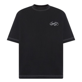 Emporium Script Logo T-Shirt in black with white embroidered script logo, contrast stitching detail, and relaxed fit.