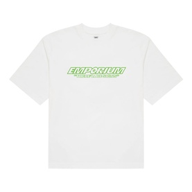 Emporium T-Shirt in white with green outlined logo graphic print on chest, relaxed fit, short sleeves