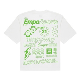 Emporium white oversized T-shirt, back view, all-over green EmpoSports graphic print with bold EMPOPOWER. slogan