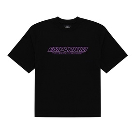 Emporium black oversized T-shirt with purple graphic chest logo print, crew neck and short sleeves