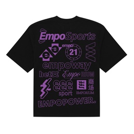 Emporium black T-shirt, back view, with all-over purple graphic branding prints including EmpoSports and Empopower logos