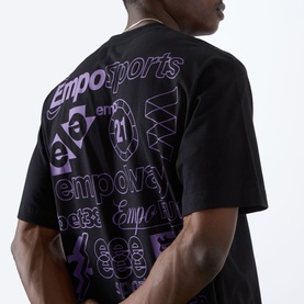 Model wearing Emporium There'll Be Signs Logo T-Shirt in black, rear view showing all-over purple screenprint logo graphics, crew neck, short sleeves.