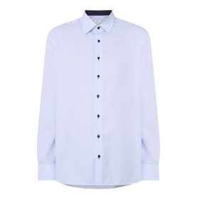 Eterna blue single cuff regular formal shirt with navy contrast buttons and collar trim, long sleeves, 100% cotton
