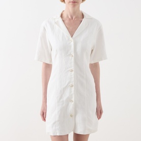 Model wearing Fabienne Chapot Melody Mini Shirt Dress in Cosy White, notch lapel collar, short sleeves, front button fastening, mini length