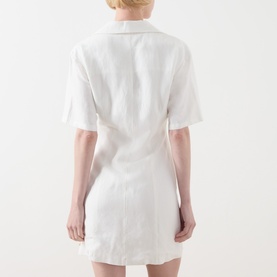Model wearing Fabienne Chapot Melody Mini Shirt Dress in Cosy White, notch lapel collar, short sleeves, back view