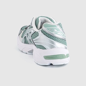 Asics trainer in Verdigris and Pure Silver, featuring mesh upper, silver overlays, and chunky white sole, shown from rear angle.