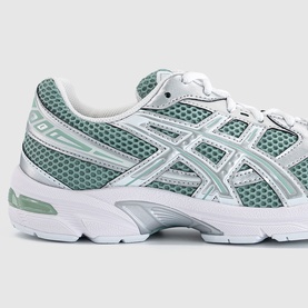 Asics trainer in Verdigris and Pure Silver with mesh upper, silver logo stripe, and white chunky sole