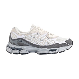 ASICS gel-NYC trainer in cream and grey, mesh and suede upper, chunky grey midsole, silver logo detail