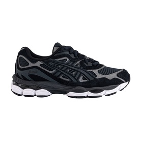 Asics trainer in graphite grey, black mesh and suede upper, chunky white sole, lace-up fastening