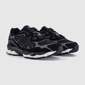Asics chunky trainers in graphite grey and black, mesh and suede upper, white rubber sole, dual branding detail