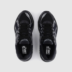 Asics trainers in black, overhead view showing mesh and synthetic upper, black laces and silver branding detail