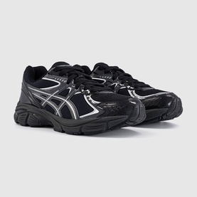 Asics black chunky trainers with silver metallic overlays, mesh panels, and black rubber sole