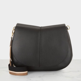 Gianni Chiarini Helena Round Crossbody Bag in black grained leather with gold-tone hardware, foldover flap closure, and detachable shoulder strap