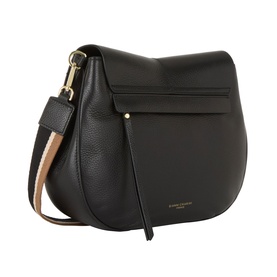 Gianni Chiarini Helena Round Crossbody Bag in black grained leather, gold-tone hardware, foldover flap, with two-tone adjustable crossbody strap