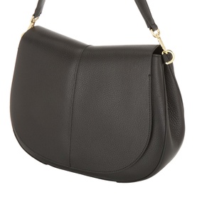 Gianni Chiarini Helena Round Crossbody Bag in black grained leather with foldover flap, gold-tone hardware and detachable shoulder strap