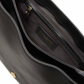 Gianni Chiarini Helena Round Crossbody Bag in black grained leather, open interior view showing gold-tone hardware and branded interior label.
