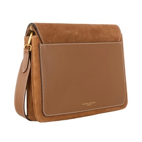Gianni Chiarini Three Flap Suede Crossbody Bag in beige with gold-tone hardware, tonal stitching, foldover flap, and adjustable crossbody strap