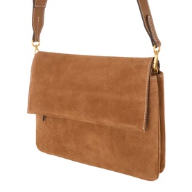 Gianni Chiarini Three Flap Suede Crossbody Bag in beige with foldover flap, gold-tone hardware, and adjustable shoulder strap