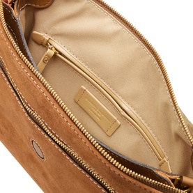 Gianni Chiarini Three Flap Suede Crossbody Bag in beige, open interior view showing zip pocket, beige lining and gold-tone hardware detail