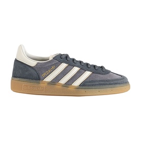 Adidas Handball Spezial trainers in grey suede with off-white three stripes, gold branding, and gum rubber sole