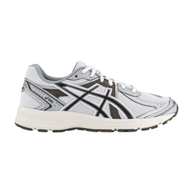 Asics trainer in white, black and coffee colourway, mesh and synthetic upper, chunky off-white rubber sole