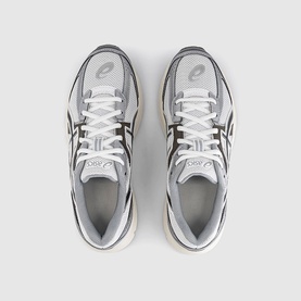 Asics trainers in white, black and coffee, overhead view showing mesh upper, contrast lacing and silver logo detailing